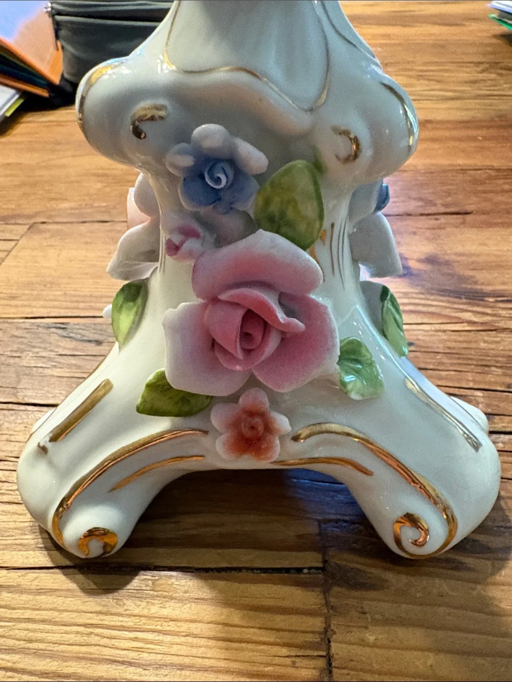Limoges White Porcelain Candlestick with Pink Rose Accents
